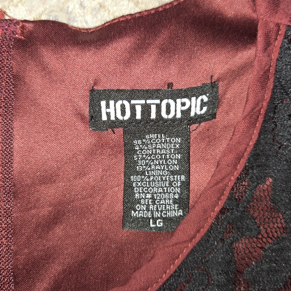 Hot Topic Burgundy & Black Lace Panel Dress size Large Gothic Style Tie Back - Picture 3 of 4